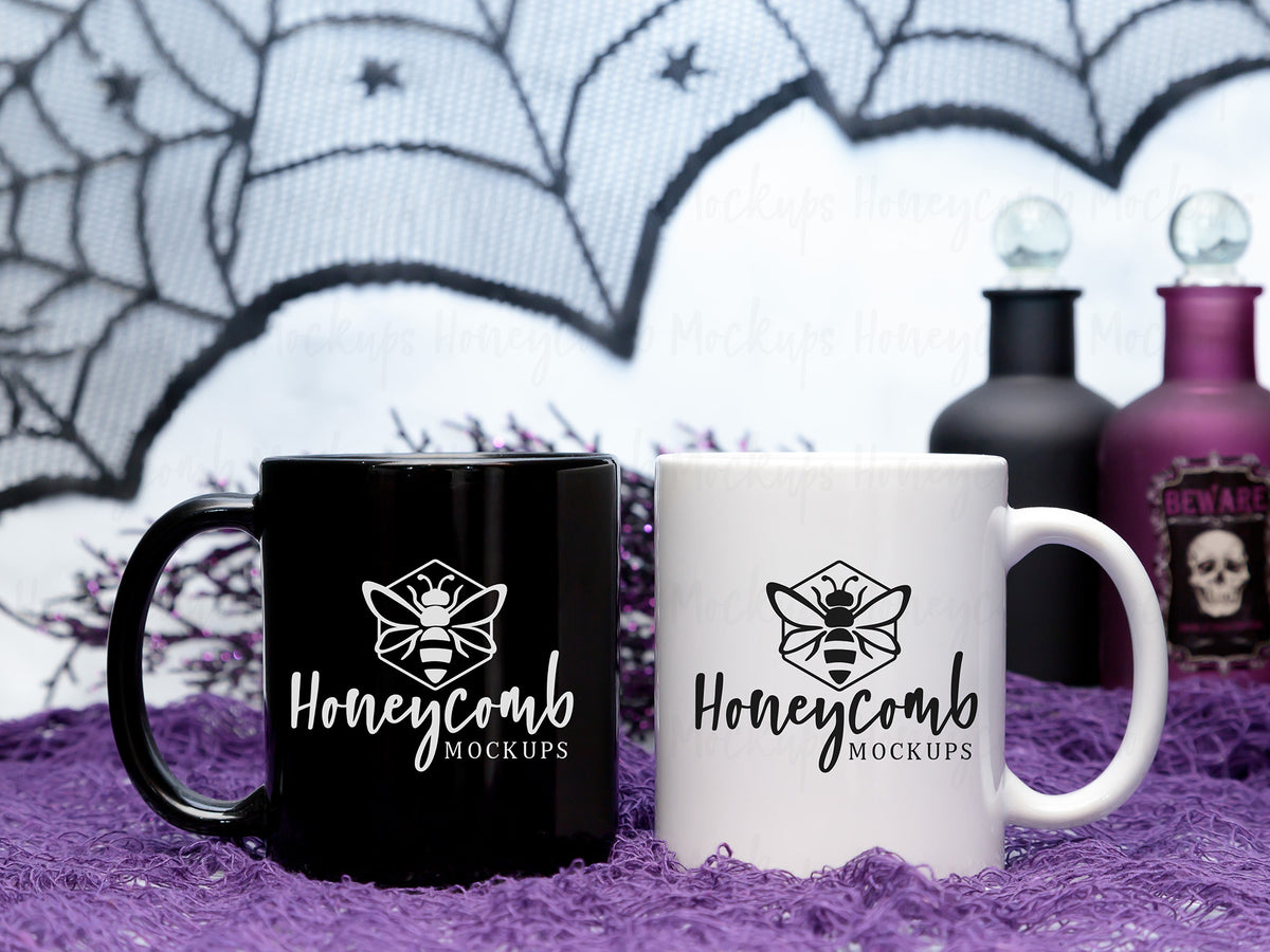 Two 11 Ounce Mugs | Black and White | Halloween | SKU2539