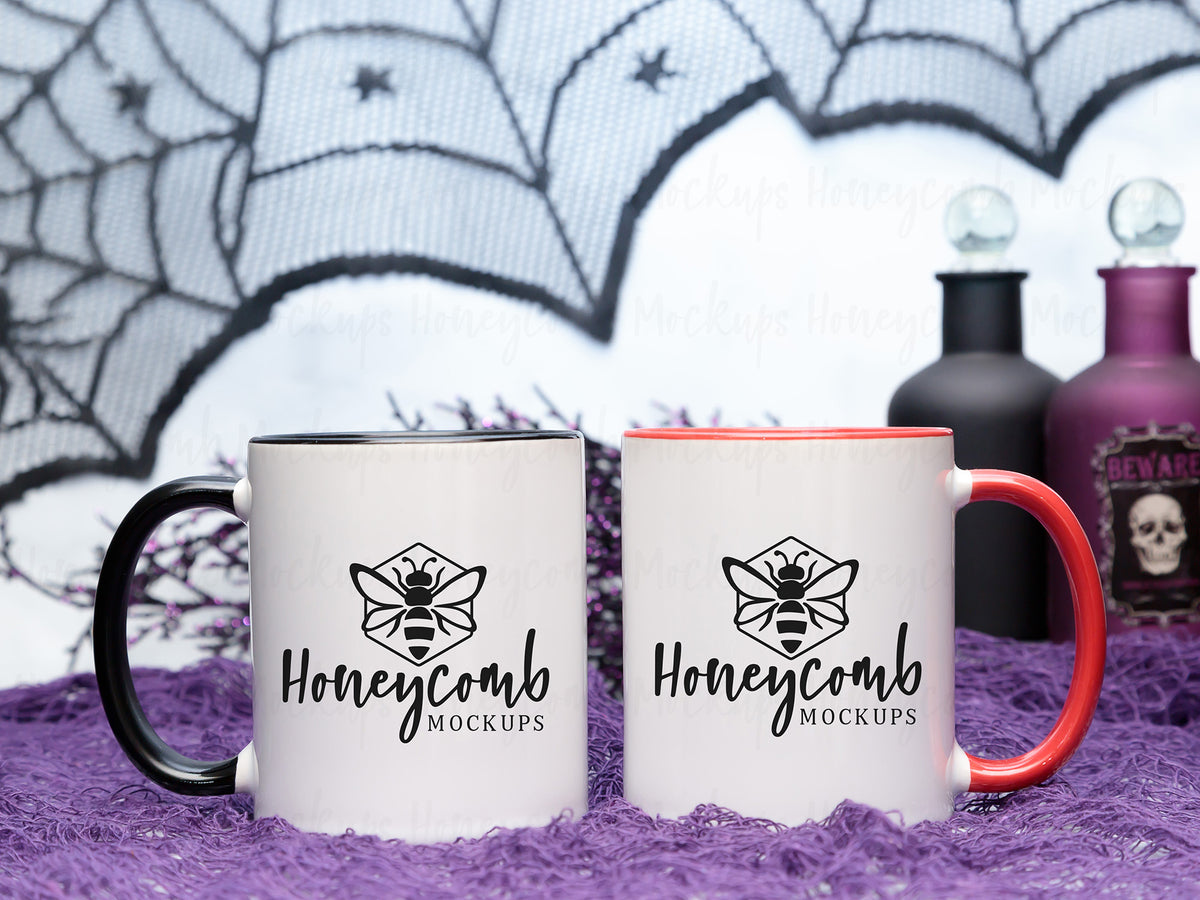 Two 11 Ounce Accent Mugs | White/Black and White/Red | Halloween | SKU2540