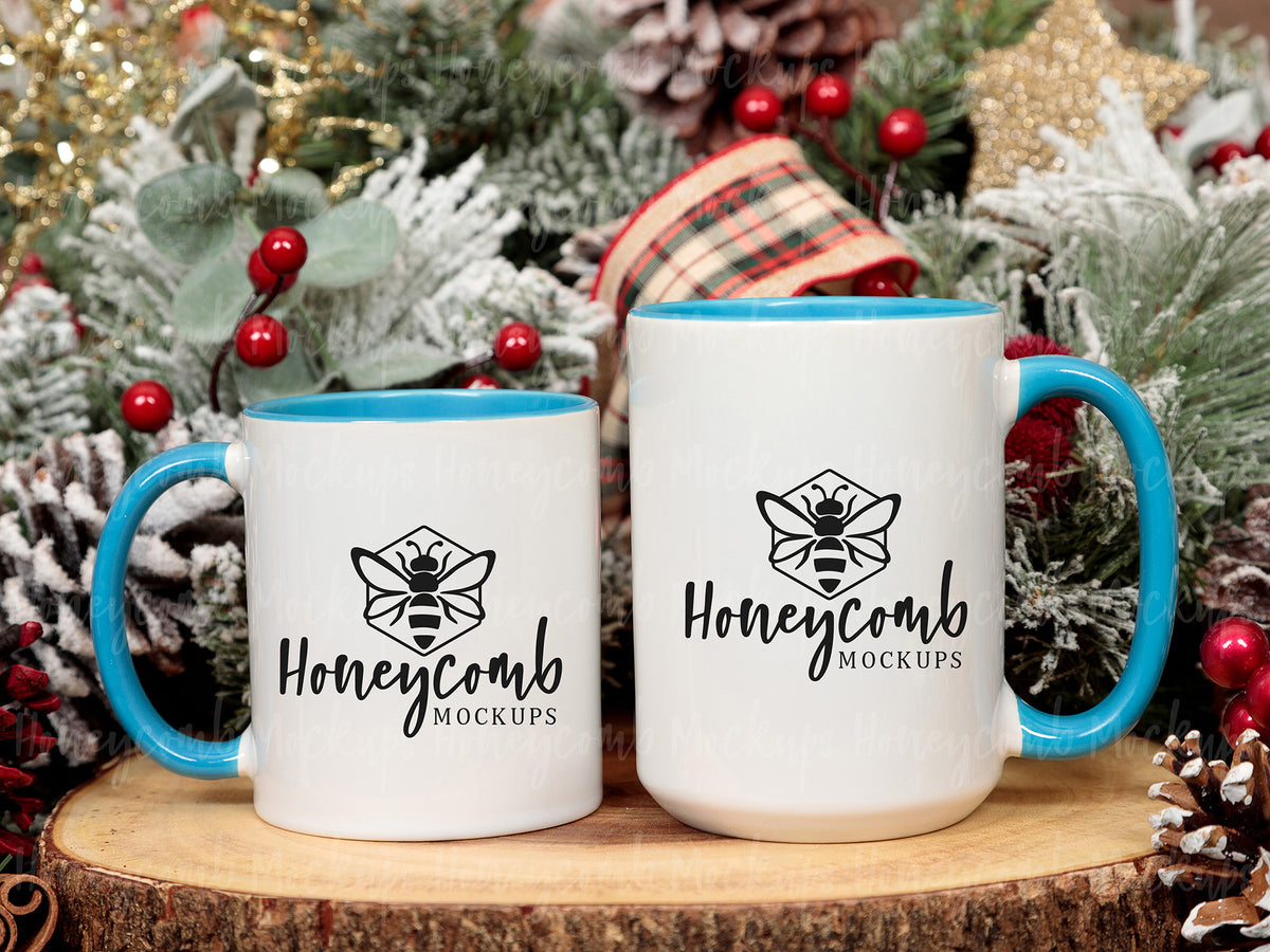 11 and 15 Ounce Accent Mugs | White/Blue | Christmas | SKU2577