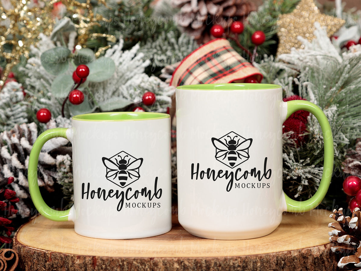 11 and 15 Ounce Accent Mugs | White/Green | Christmas | SKU2578