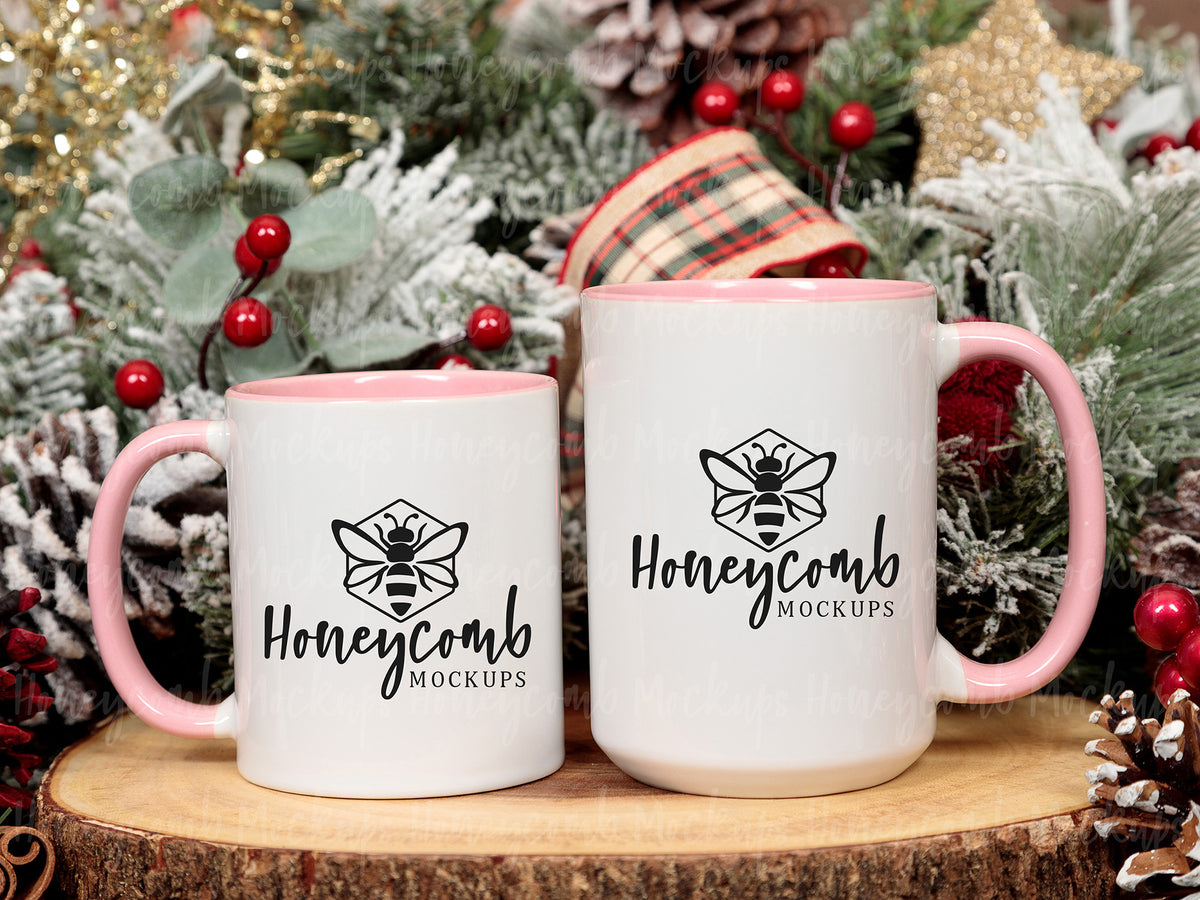 11 and 15 Ounce Accent Mugs | White/Pink | Christmas | SKU2604