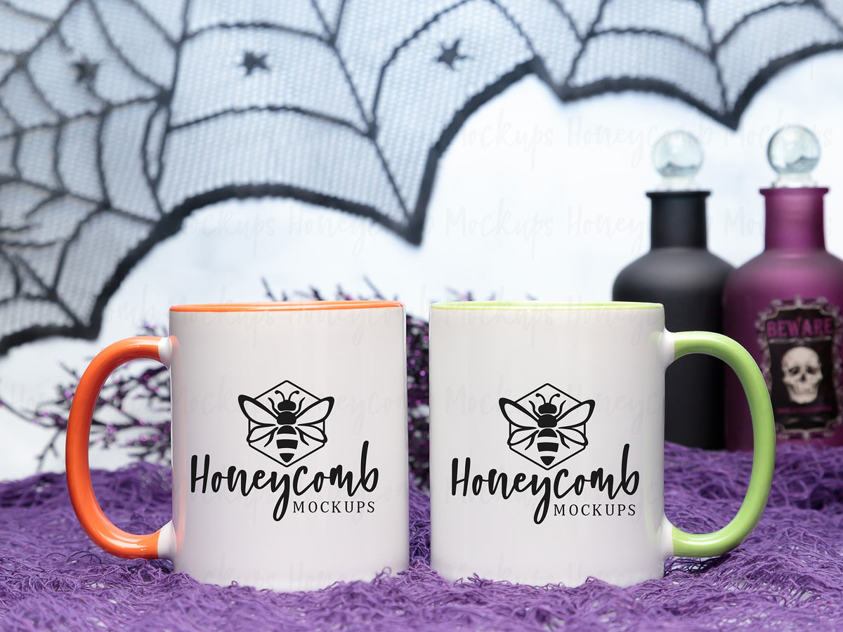Two 11 Ounce Accent Mugs | White/Green and White/IOrange | Halloween | SKU2542