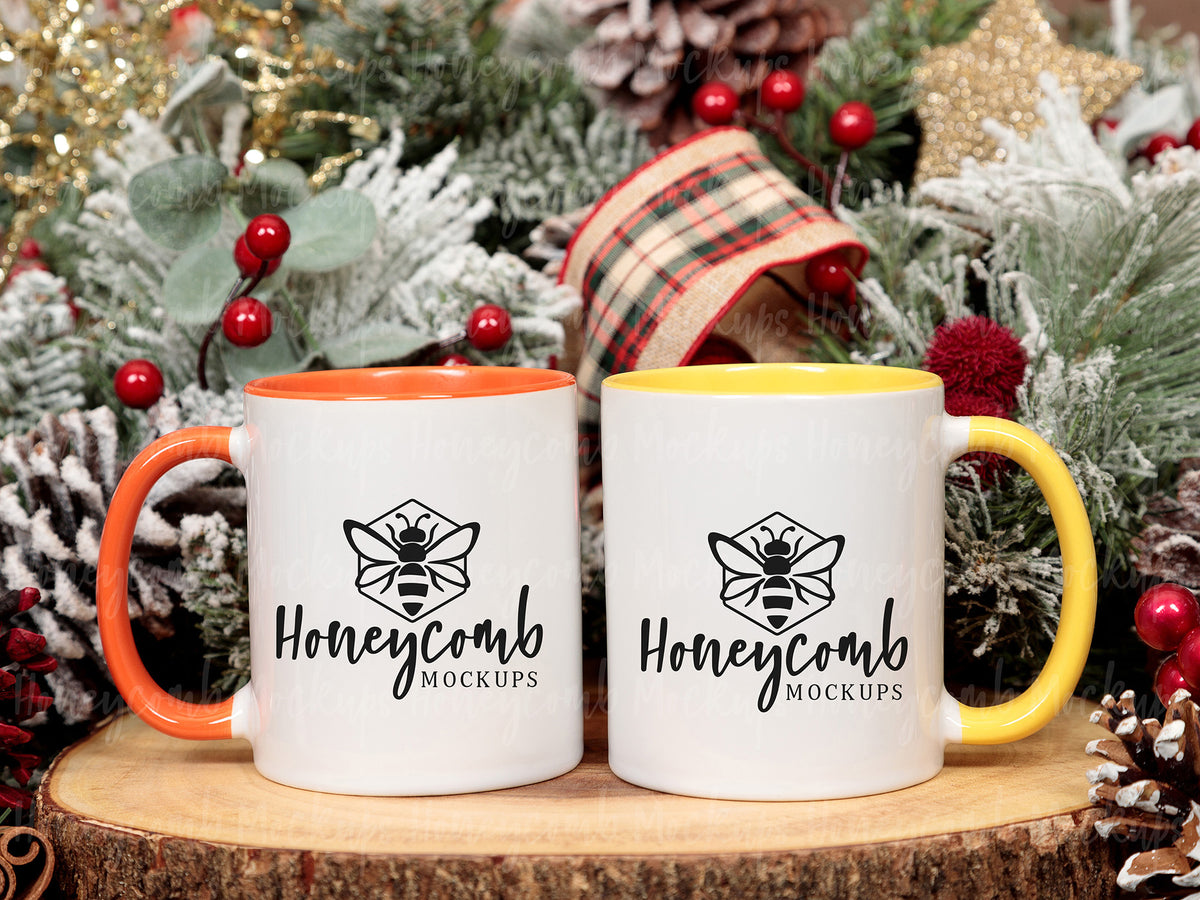 Two 11 Ounce Accent Mugs | White/Orange and White/Yellow | Christmas | SKU2583