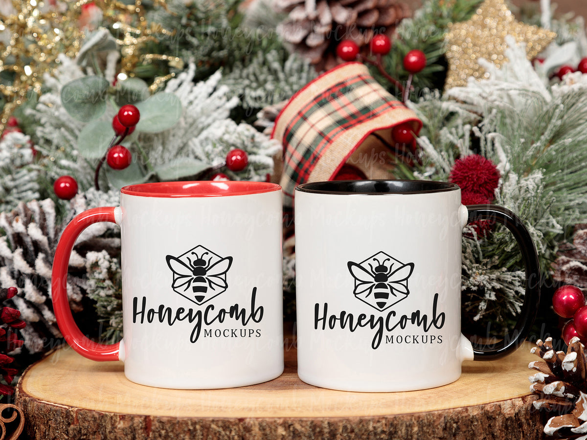 Two 11 Ounce Accent Mugs | White/Black and White/Red | Christmas | SKU2585