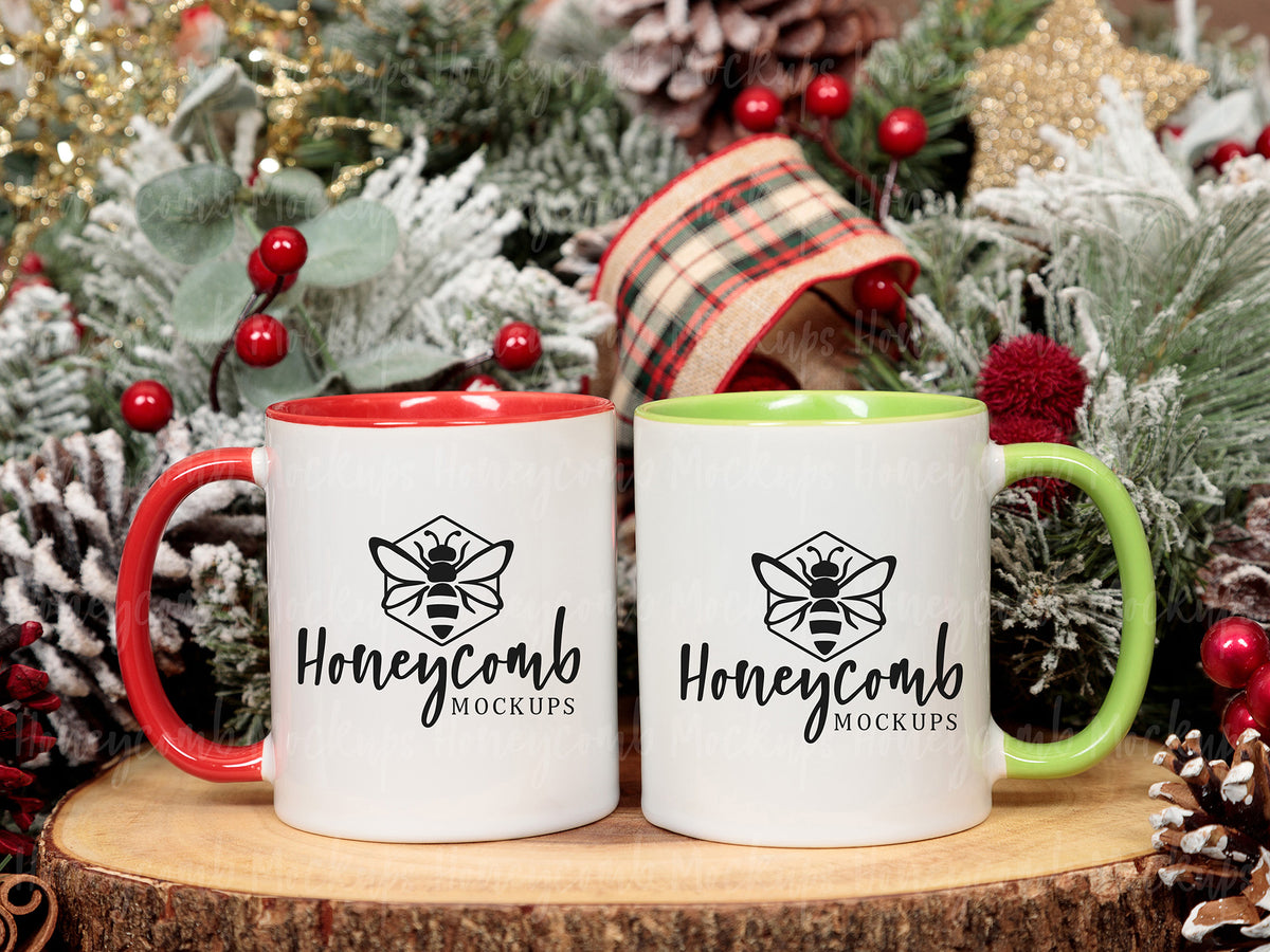 Two 11 Ounce Accent Mugs | White/Green and White/Red | Christmas | SKU2586