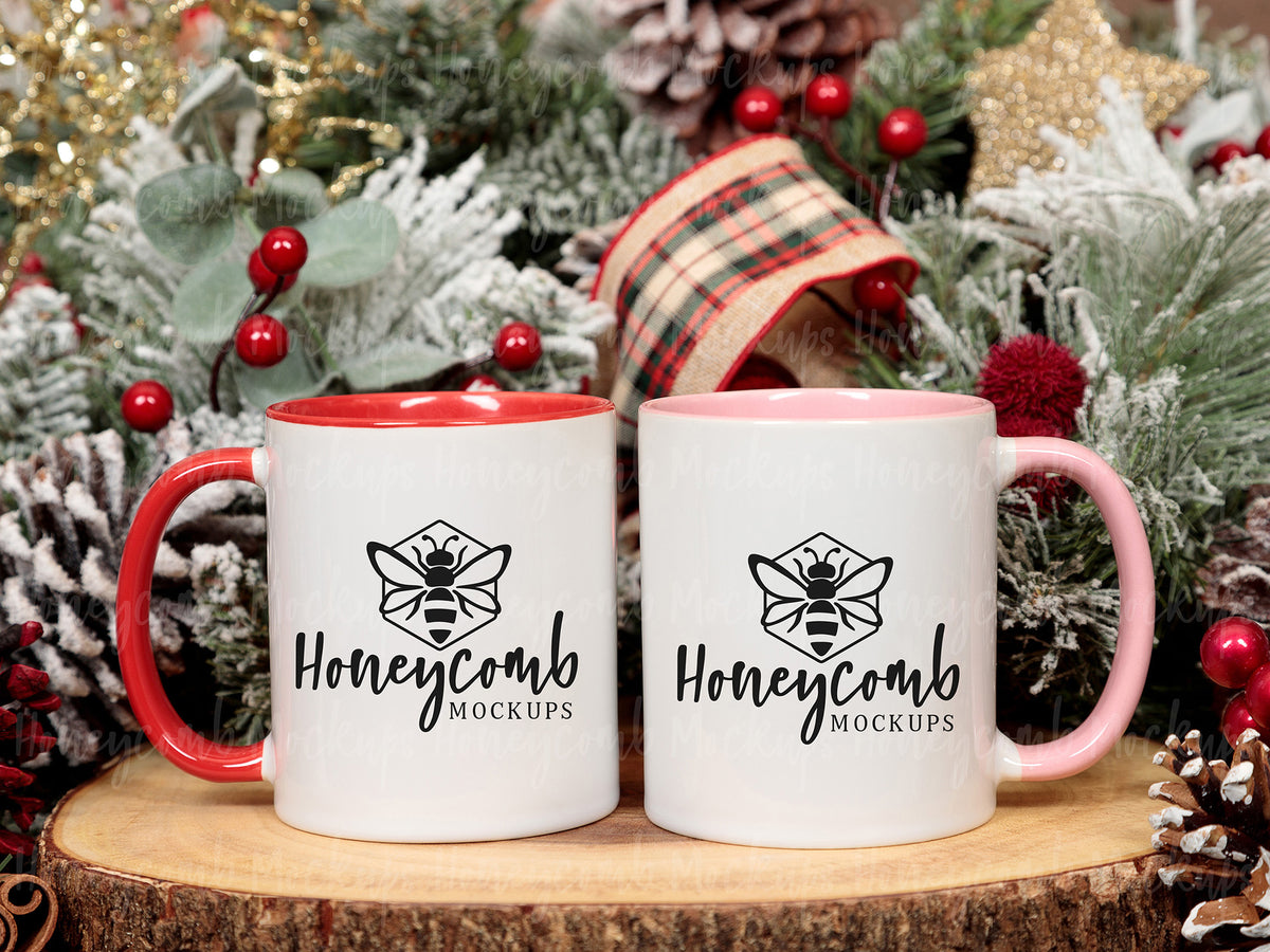Two 11 Ounce Accent Mugs | White/Pink and White/Red | Christmas | SKU2587