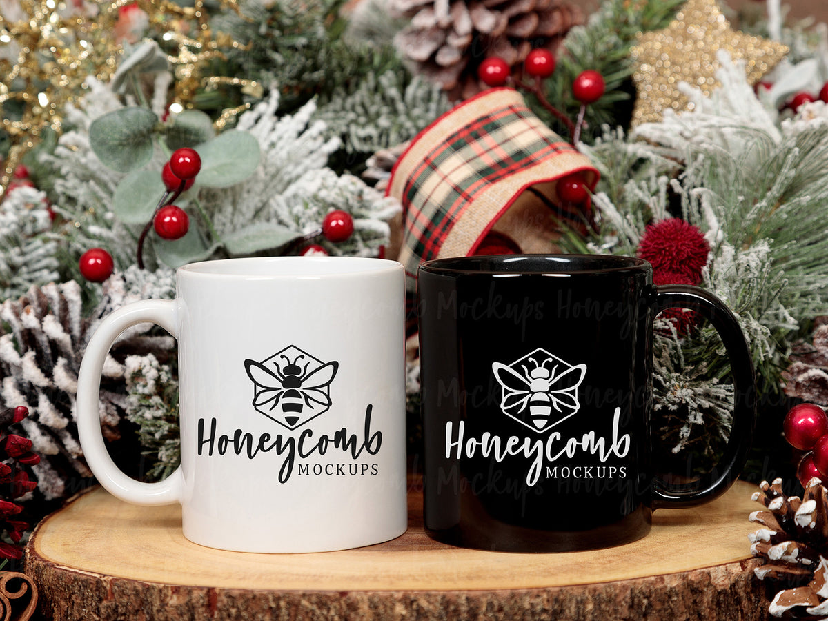 Two 11 Ounce Mugs | Black and White | Christmas | SKU2588