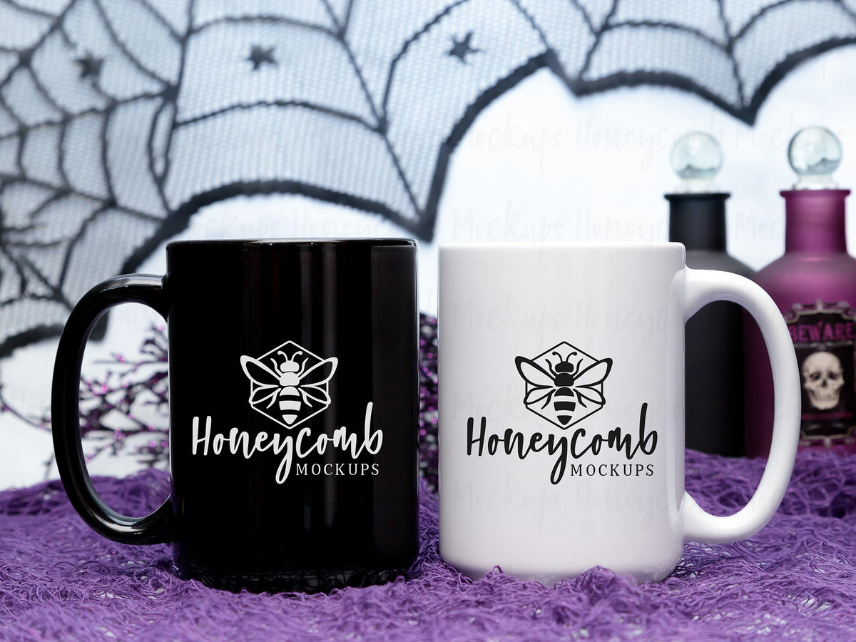 Two 15 Ounce Mugs | Black and White | Halloween | SKU2543