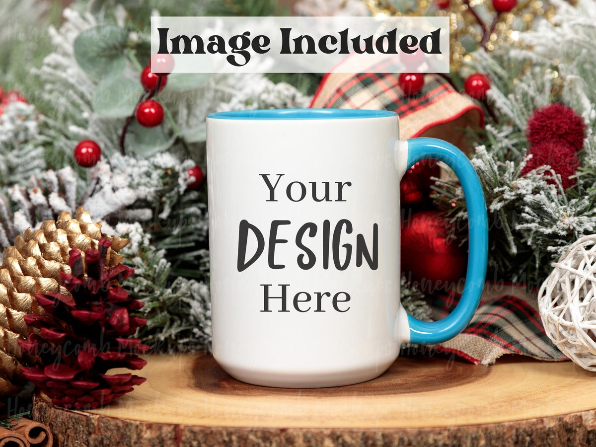 15 Ounce Accent Mug | White/Blue | Christmas | Video Mockups | SKU2616