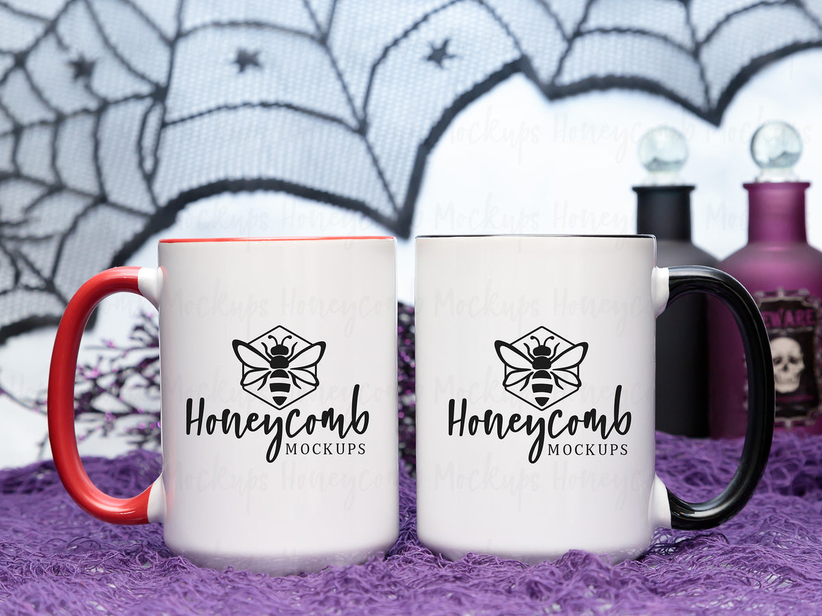 Two 15 Ounce Accent Mugs | White/Black and White/Red | Halloween | SKU2545