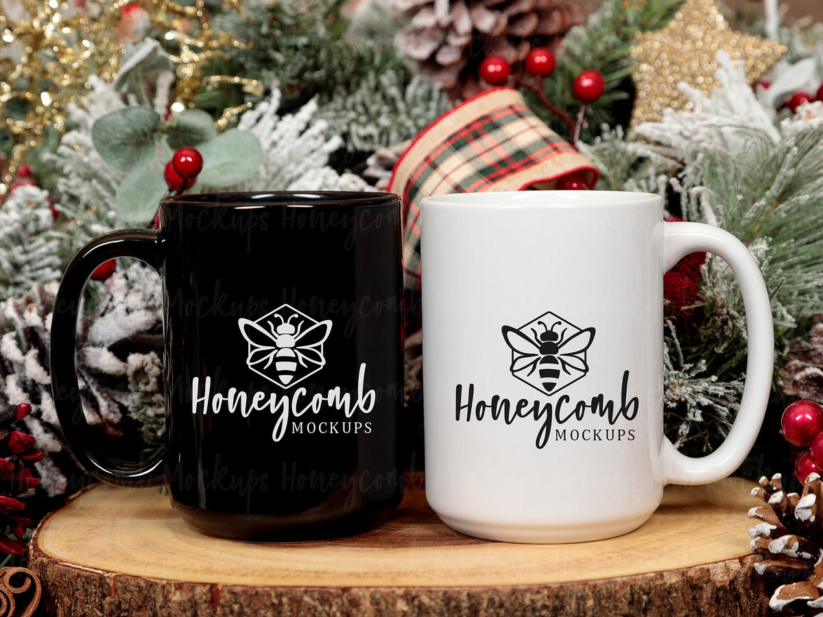 Two 15 Ounce Mugs | Black and White | Christmas | SKU2589