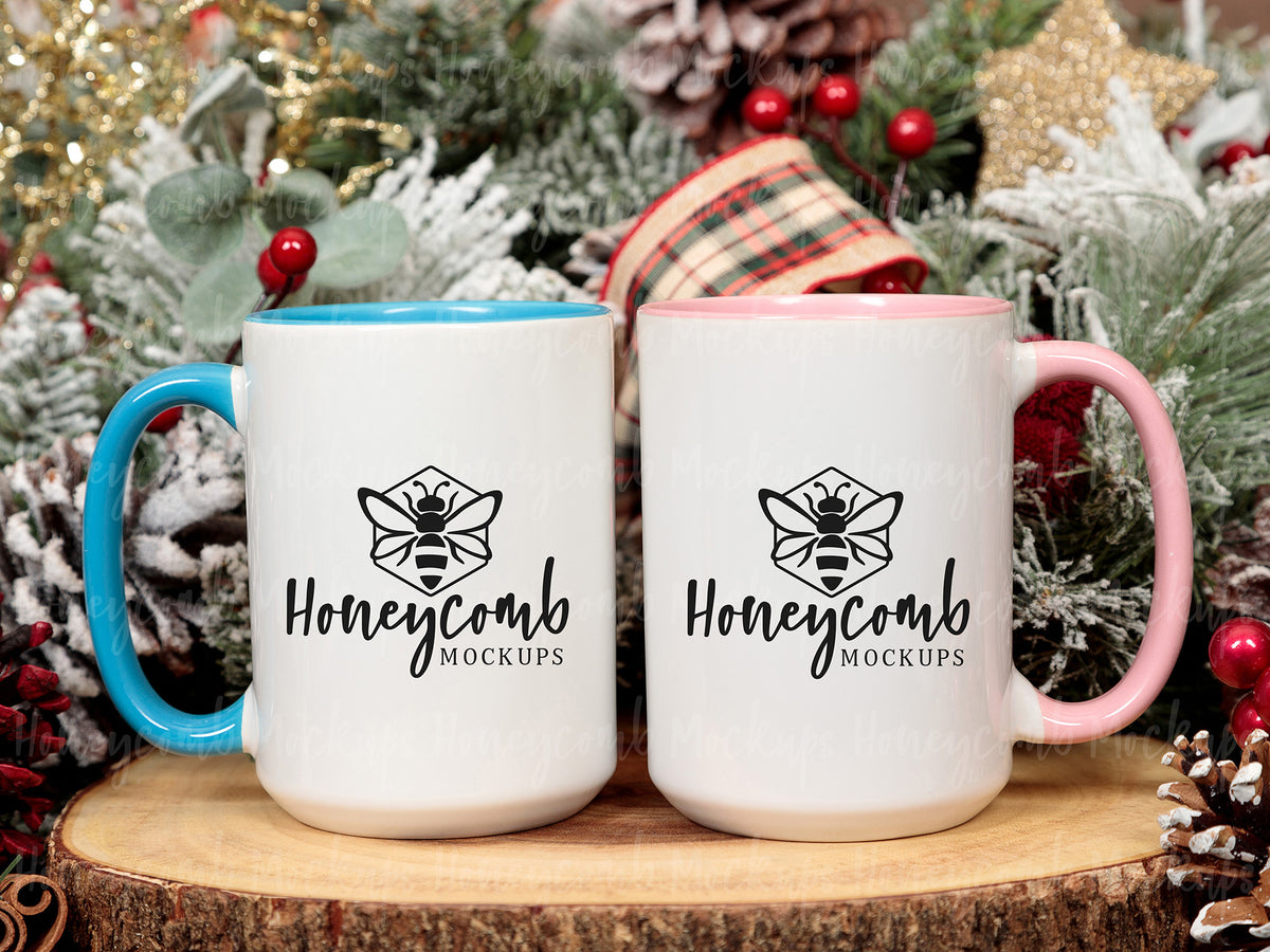 Two 15 Ounce Accent Mugs | White/Blue and White/Pink | Christmas | SKU2590