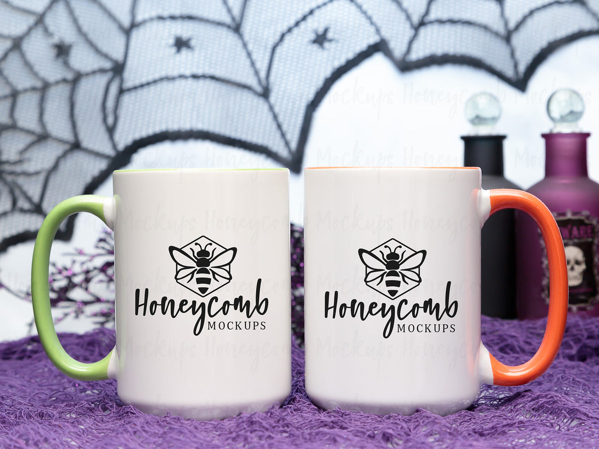 Two 15 Ounce Accent Mugs | White/Green and White/Orange | Halloween | SKU2544