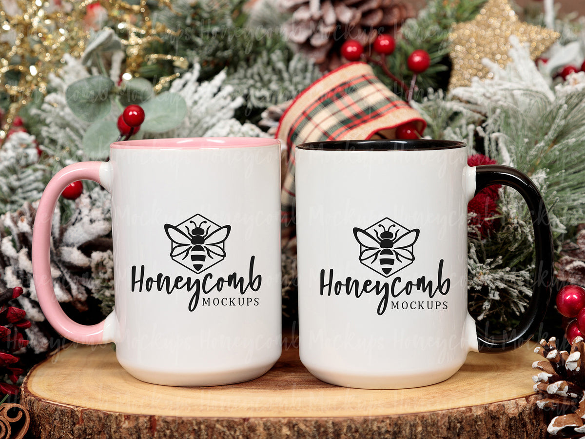 Two 15 Ounce Accent Mugs | White/Black and White/Pink | Christmas | SKU2605