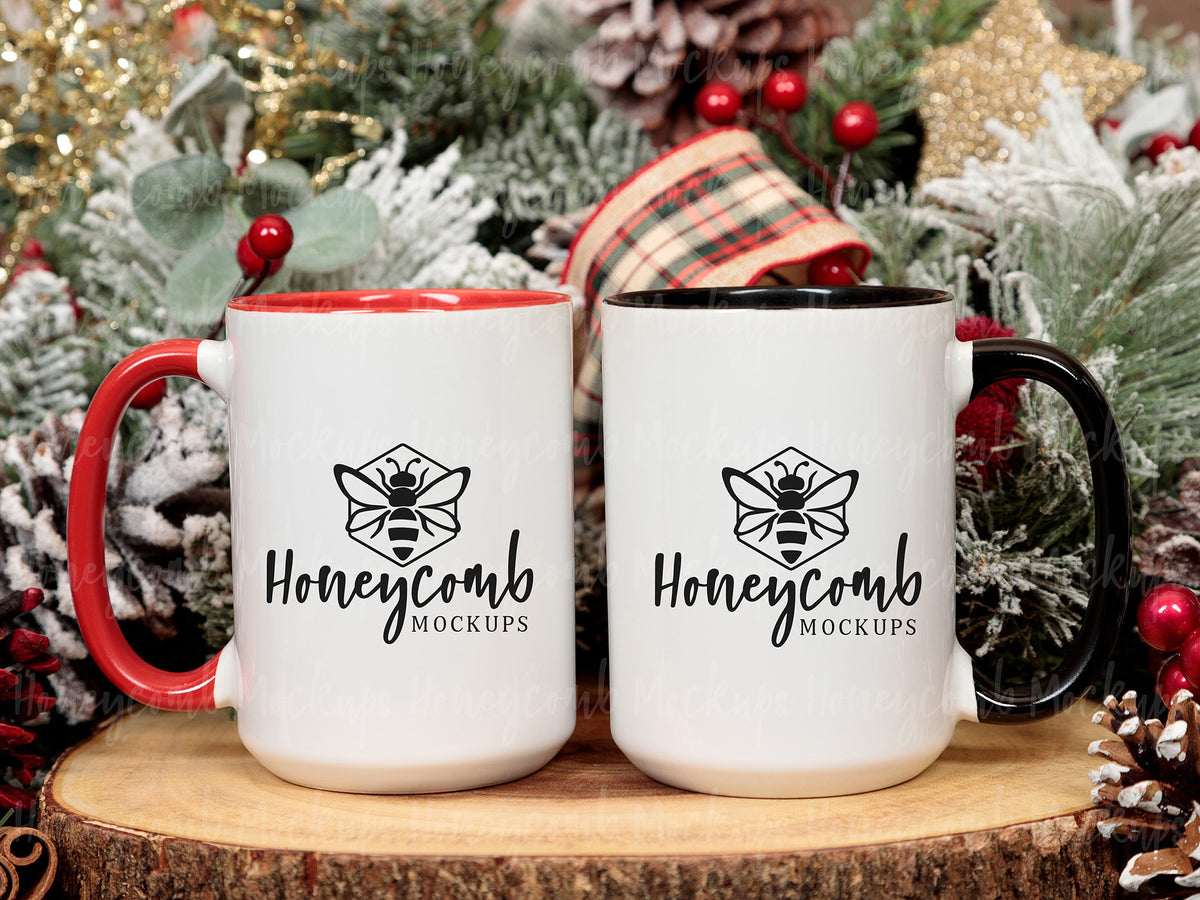 Two 15 Ounce Accent Mugs | White/Black and White/Pink | Christmas | SKU2591