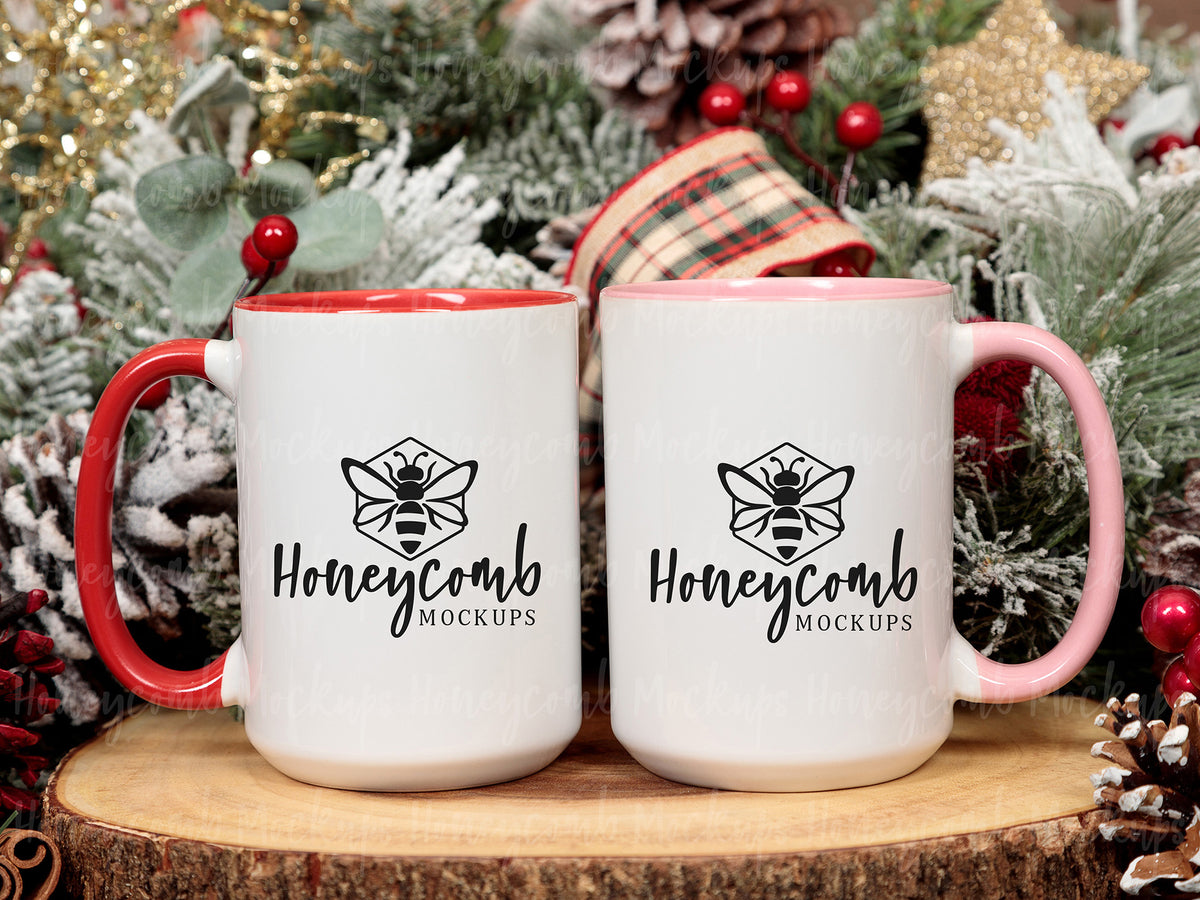 Two 15 Ounce Accent Mugs | White/Pink and White/Red | Christmas | SKU2593
