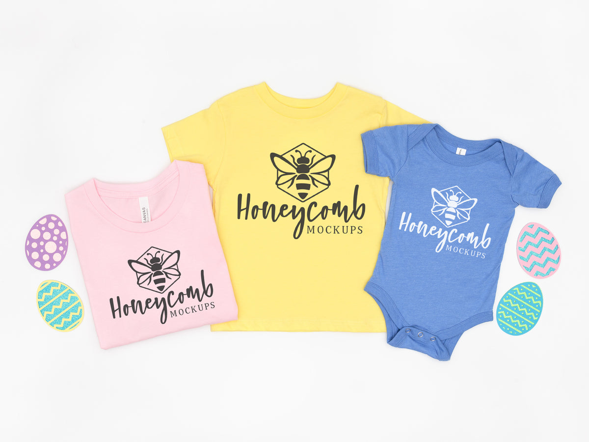 Bella Canvas 3001, 3001T, and 100B  | Pink, Yellow, and Heather Columbia Blue | Easter | Mommy and Me Trio | SKU1095