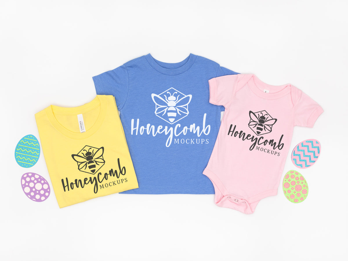 Bella Canvas 3001, 3001T, and 100B  | Yellow, Heather Columbia Blue, and Pink | Easter | Mommy and Me Trio | SKU1097