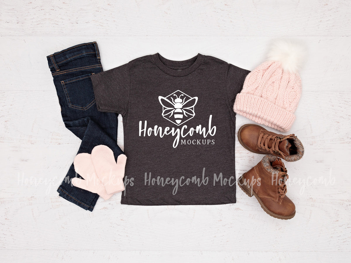 Bella Canvas 3001T T-Shirt | Dark Grey Heather | Toddler Girl Mockup | SKU1671