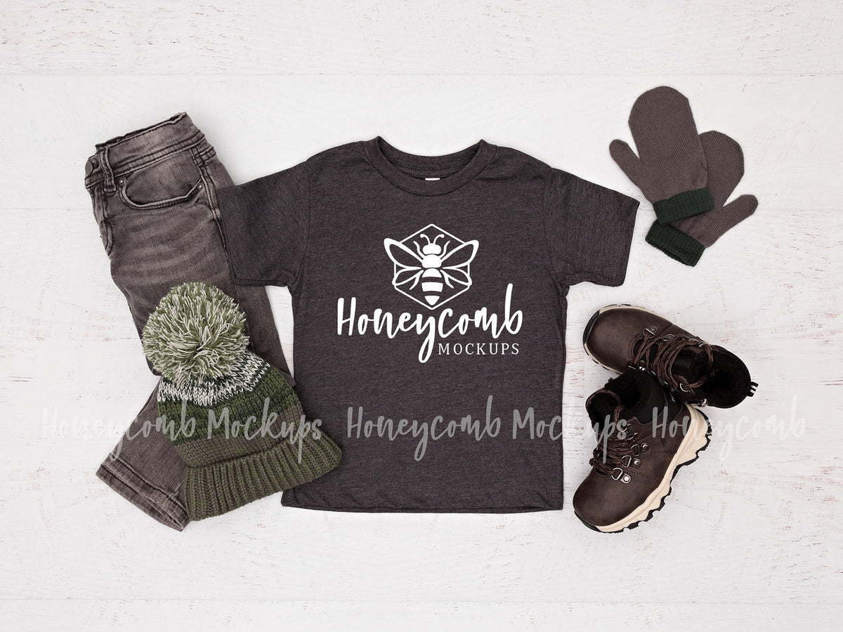 Bella Canvas 3001T T-Shirt | Dark Grey Heather | Toddler Boy Mockup | SKU1673