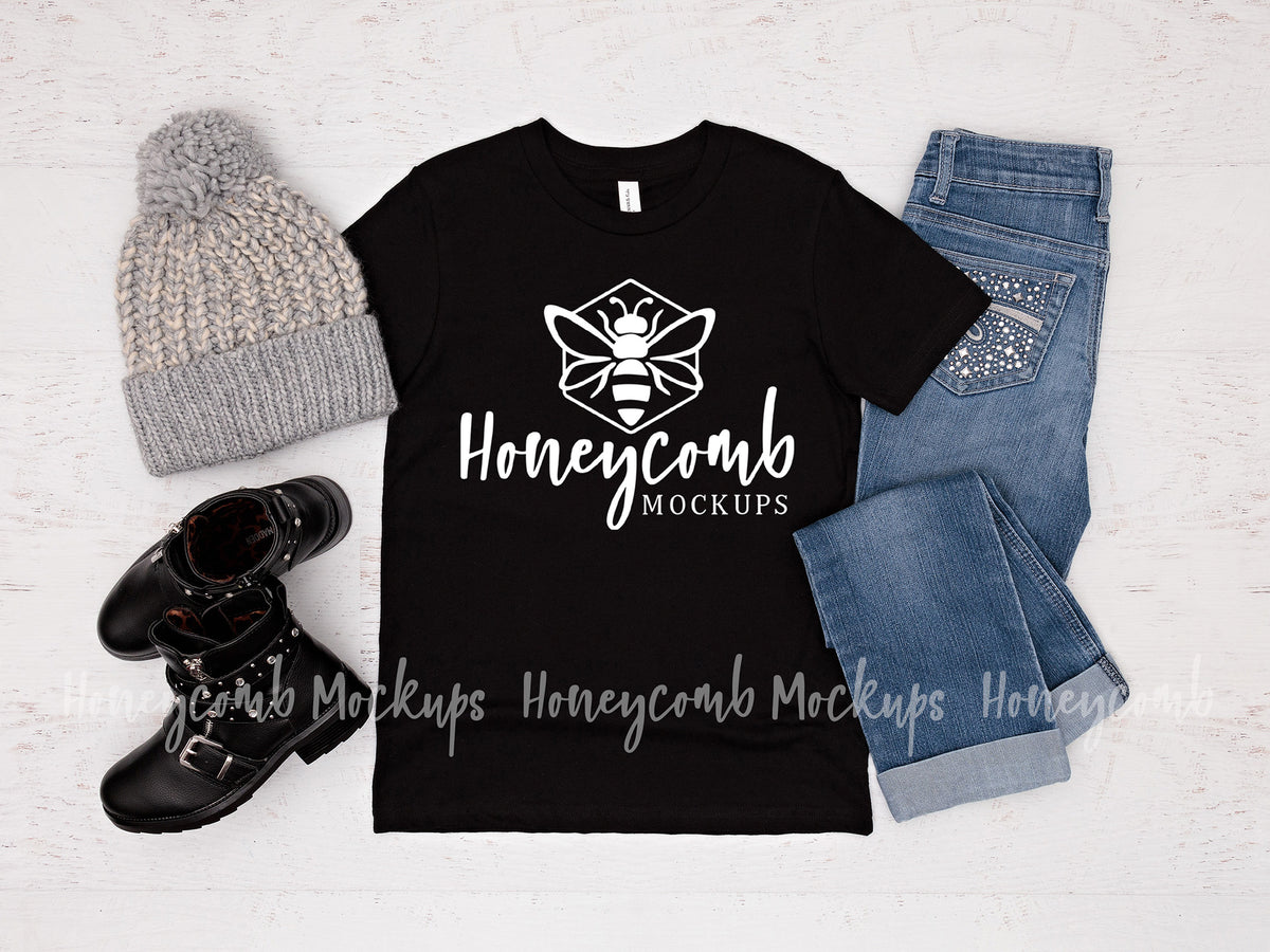 Bella Canvas 3001Y T-Shirt | Black | Youth Girl Mockup | SKU1802