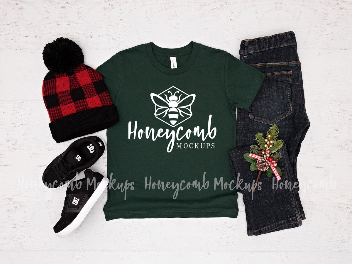 Bella Canvas 3001Y T-Shirt | Forest | Christmas | Youth Boy Mockup | SKU1699
