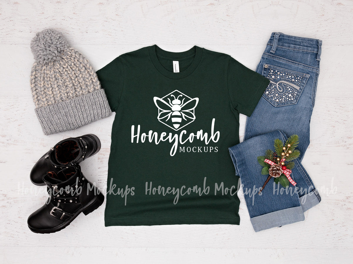 Bella Canvas 3001Y T-Shirt | Forest | Christmas | Youth Girl Mockup | SKU1700