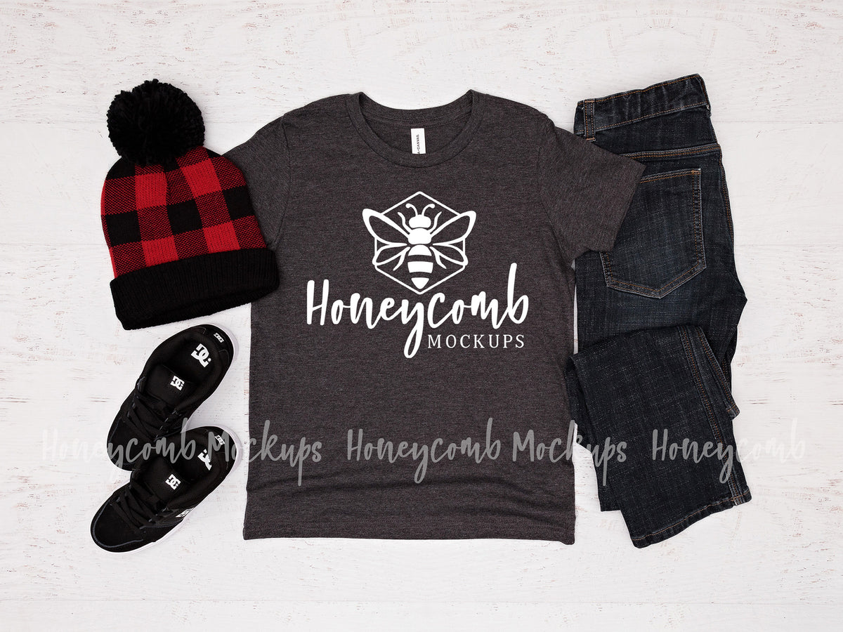 Bella Canvas 3001Y T-Shirt | Dark Grey Heather | Youth Boy Mockup | SKU1799