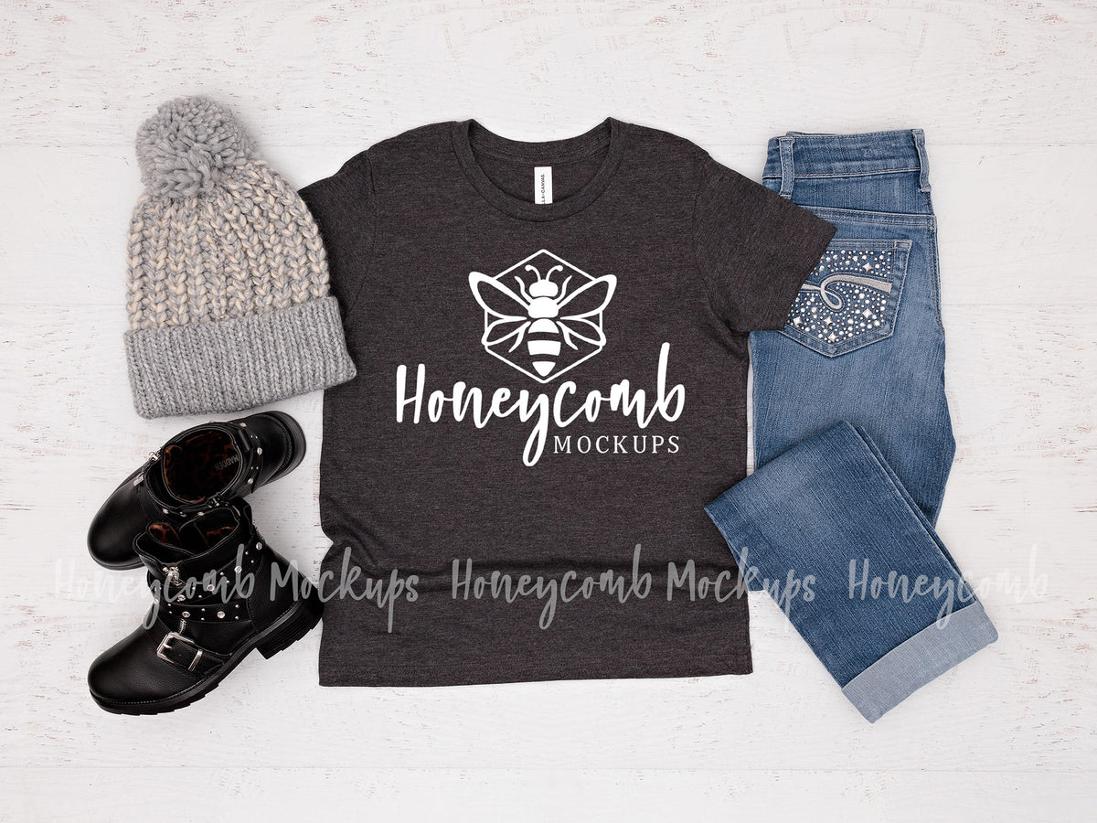 Bella Canvas 3001Y T-Shirt | Dark Grey Heather | Youth Girl Mockup | SKU1804