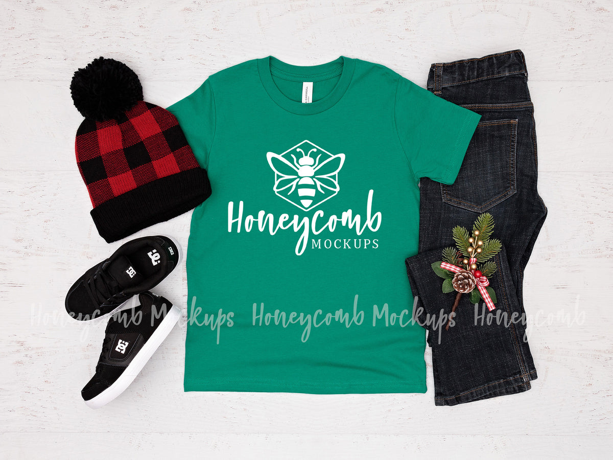 Bella Canvas 3001Y T-Shirt | Kelly | Christmas | Youth Boy Mockup | SKU1701