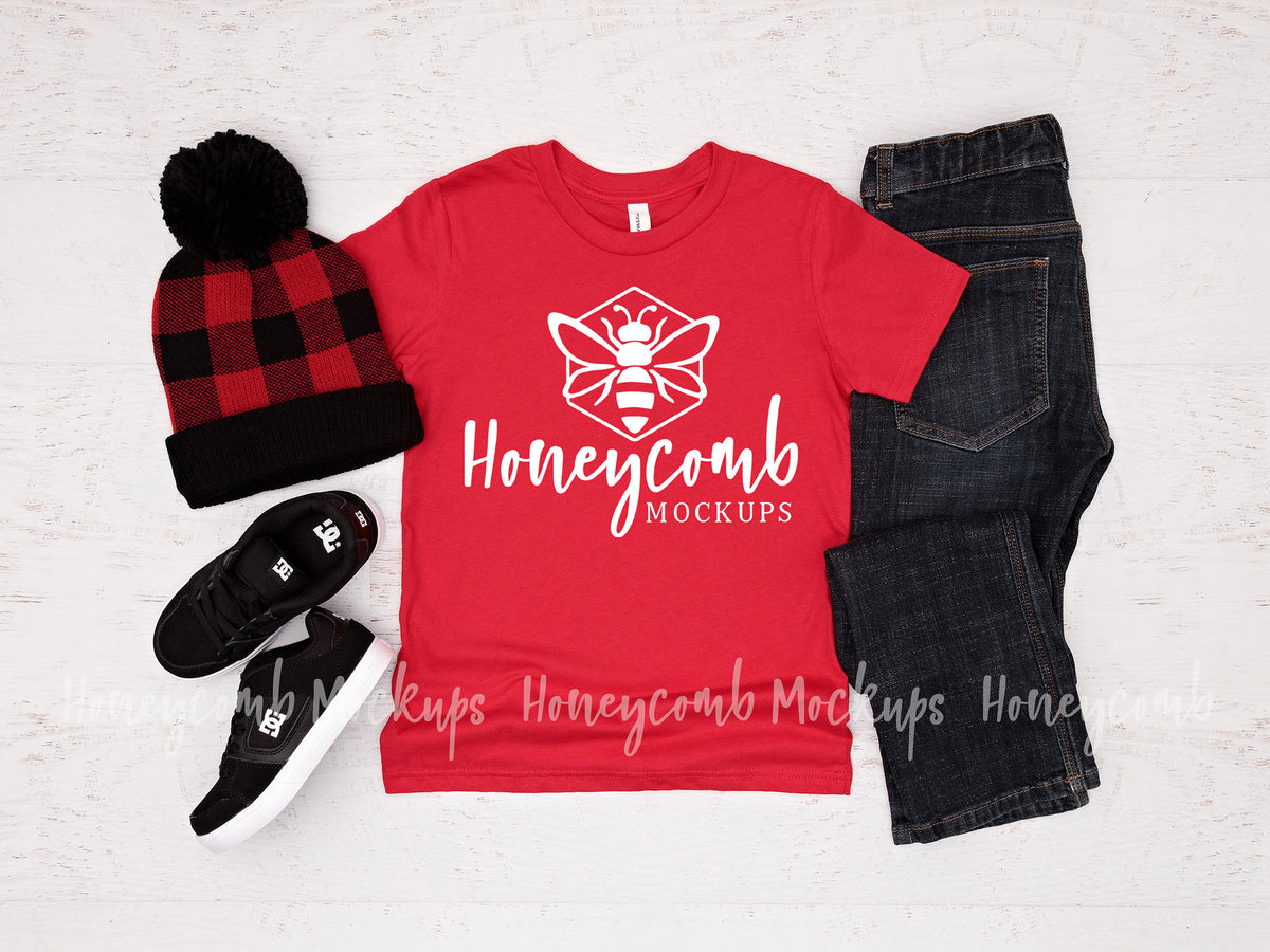 Bella Canvas 3001Y T-Shirt | Red | Youth Boy Mockup | SKU1800