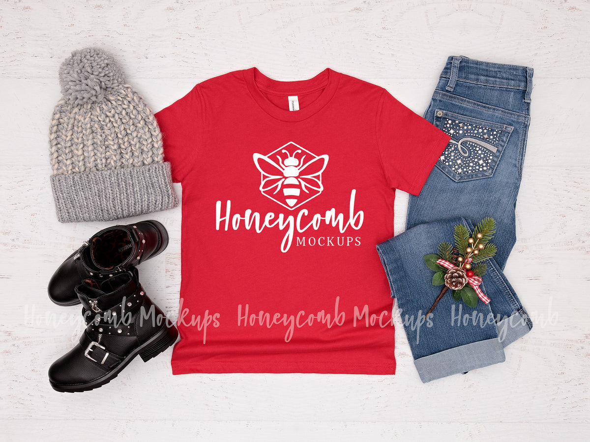 Bella Canvas 3001Y T-Shirt | Red | Christmas | Youth Girl Mockup | SKU1703