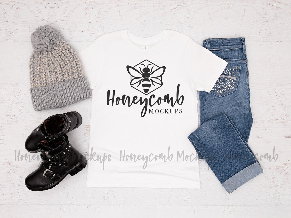 Bella Canvas 3001Y T-Shirt | White | Youth Girl Mockup | SKU1805