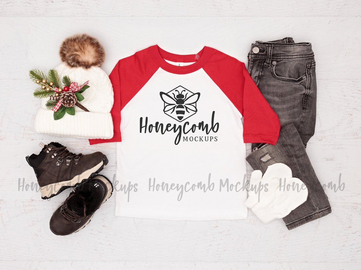 Bella Canvas 3200T Baseball Tee | White/Red | Christmas | Toddler Boy Mockup | SKU1705