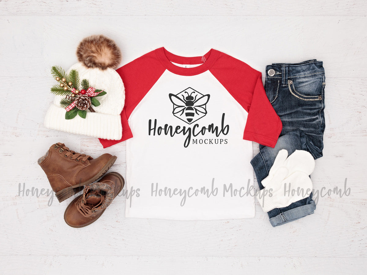 Bella Canvas 3200T Baseball Tee | White/Red | Christmas | Toddler Girl Mockup | SKU1707