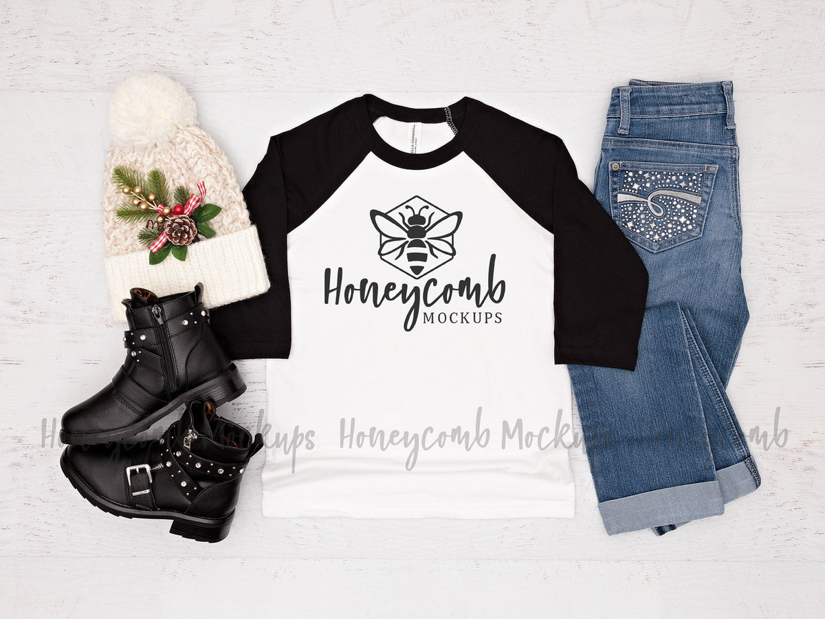 Bella Canvas 3200Y Baseball Tee | White/Black | Christmas | Youth Girl Mockup | SKU1708