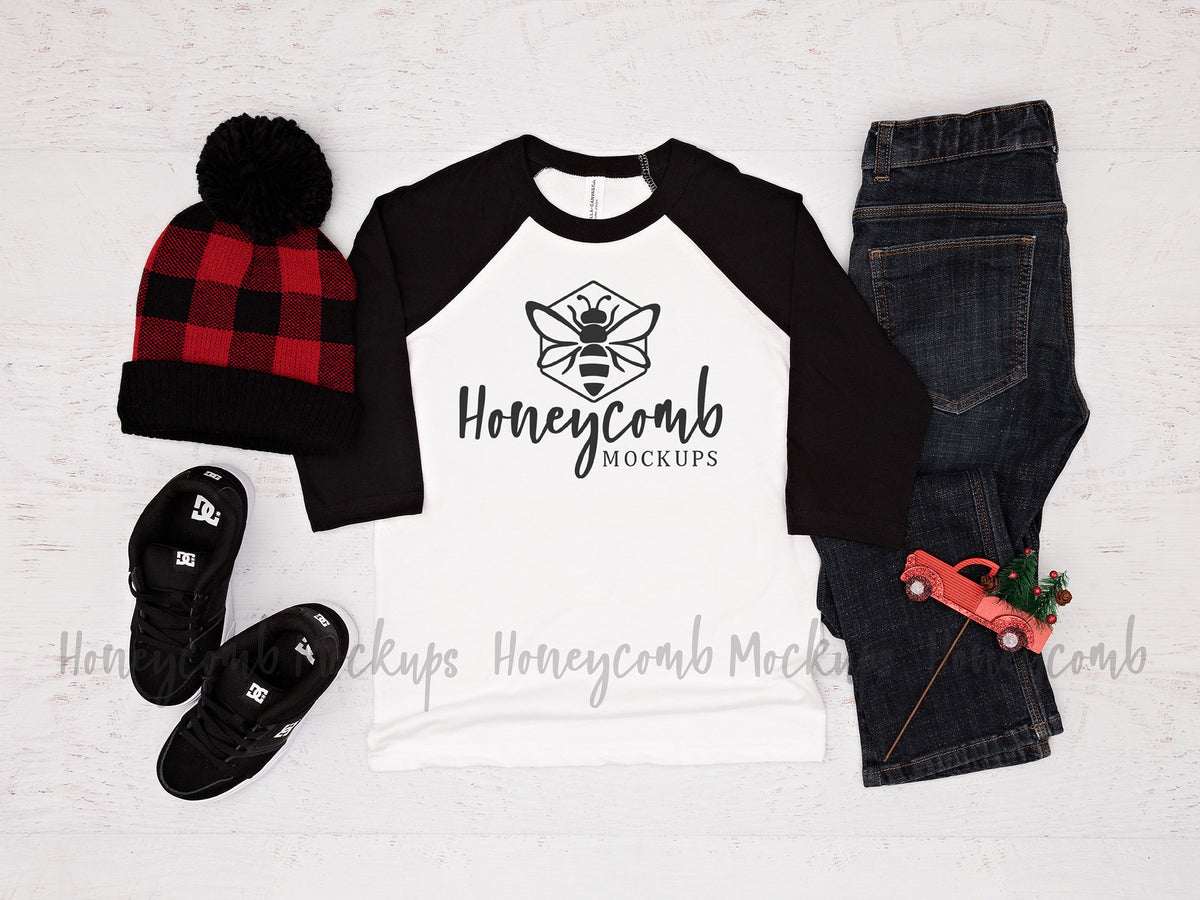 Canvas 3200Y Baseball Tee | White/Black | Christmas | Youth Boy Mockup | SKU1711