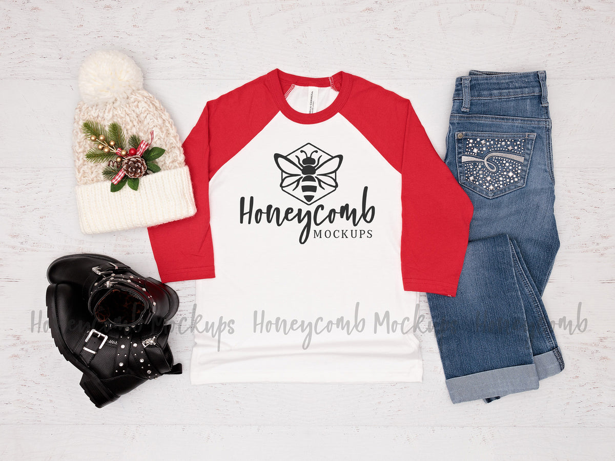 Bella Canvas 3200Y Baseball Tee | White/Red | Christmas | Youth Girl Mockup | SKU1709