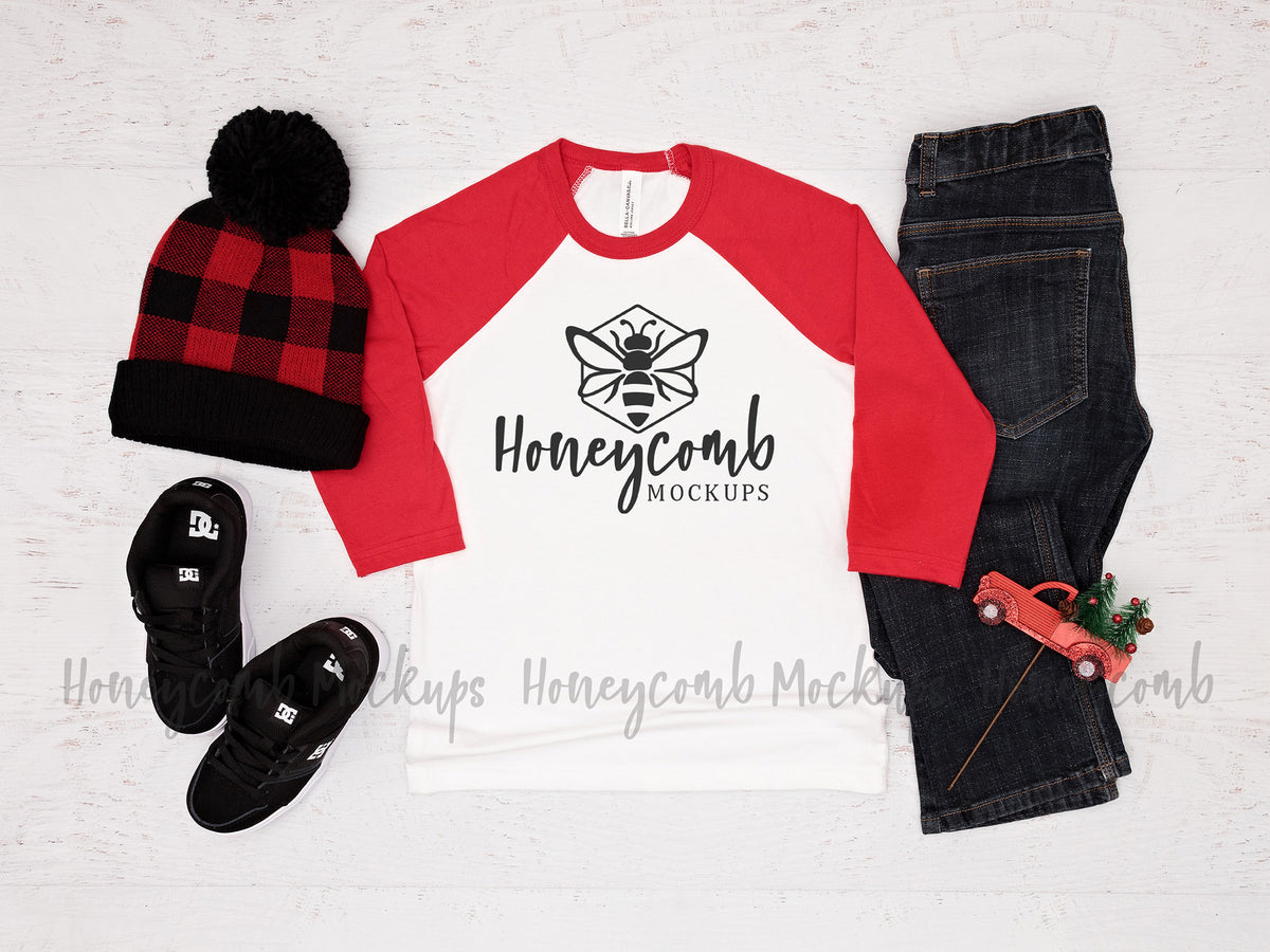 Canvas 3200Y Baseball Tee | White/Red | Christmas | Youth Boy Mockup | SKU1712