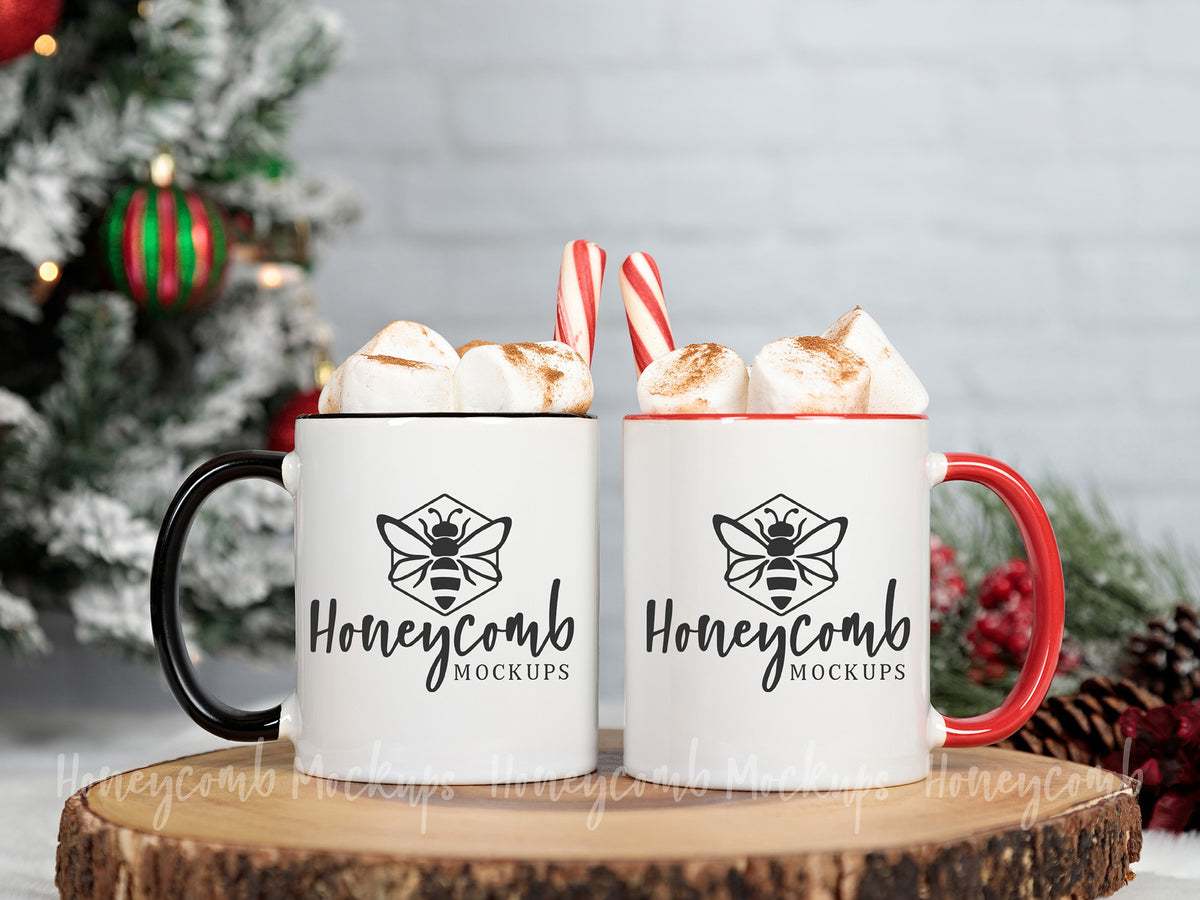 Two 11 Ounce Accent Mugs | White/Black and White/Red | Christmas | SKU1763