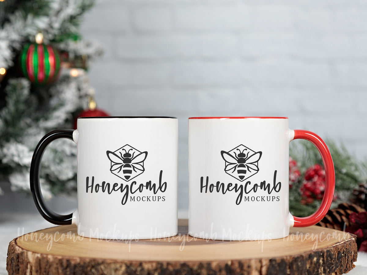 Two 11 Ounce Accent Mugs | White/Black and White/Red | Christmas | SKU1766