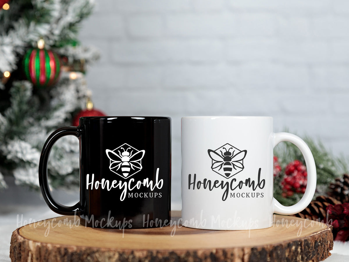 Two 11 Ounce Mugs | Black and White | Christmas | SKU1770