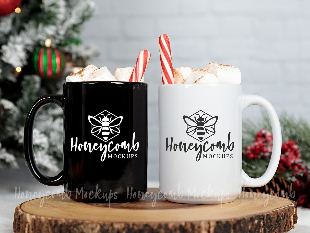 Two 15 Ounce Mugs | Black and White | Christmas | SKU1780