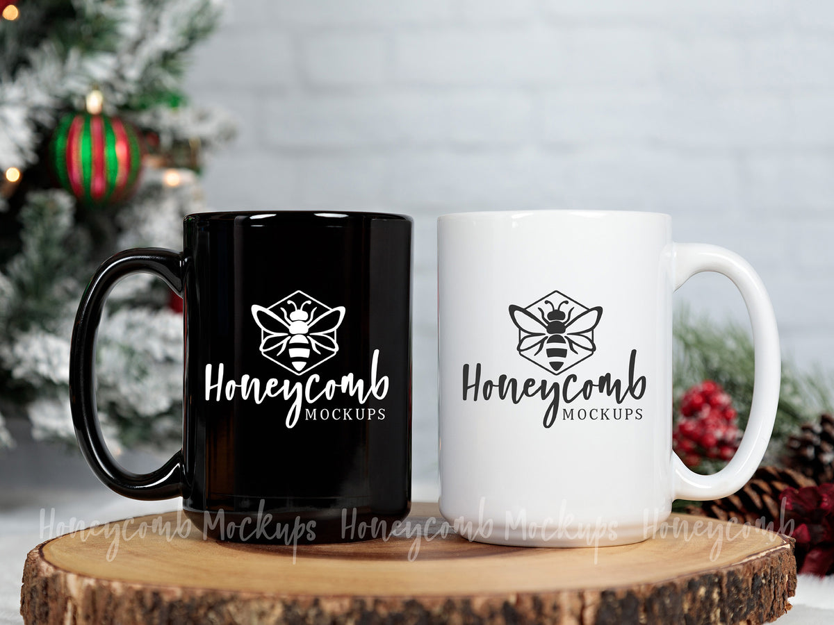 Two 15 Ounce Mugs | Black and White | Christmas | SKU1779