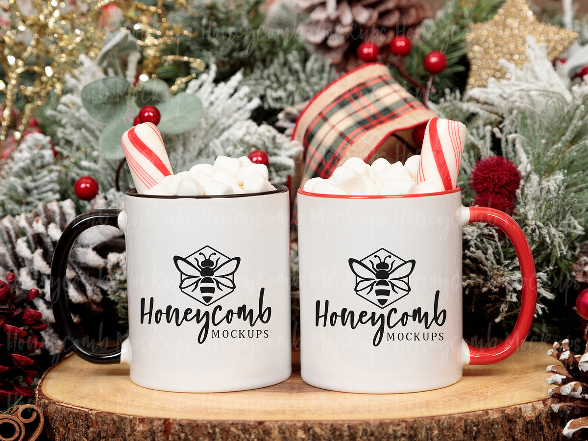 Two 11 Ounce Accent Mugs | White/Black and White/Red | Christmas | SKU2594