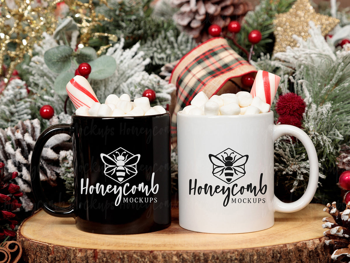 Two 11 Ounce Mugs | Black and White | Christmas | SKU2596