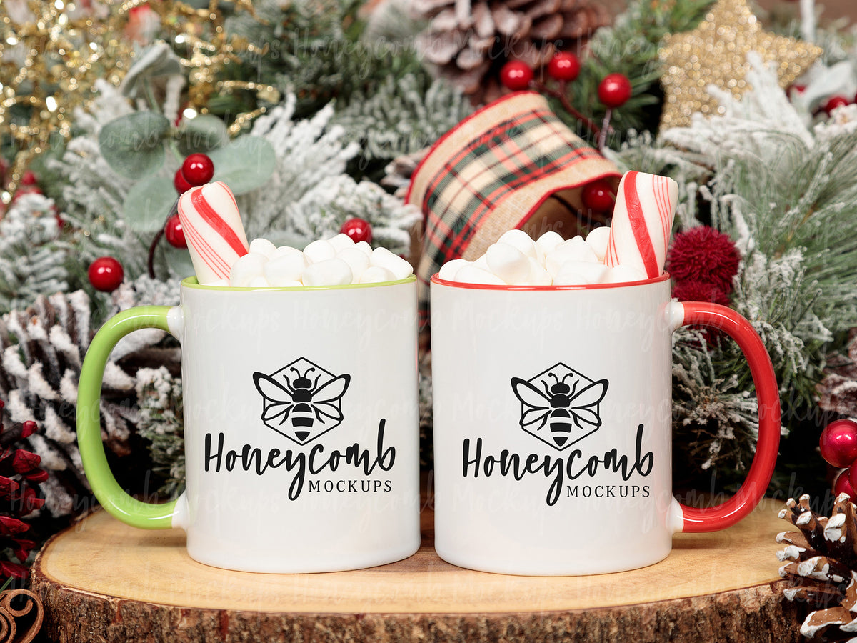 Two 11 Ounce Accent Mugs | White/Green and White/Red | Christmas | SKU2595