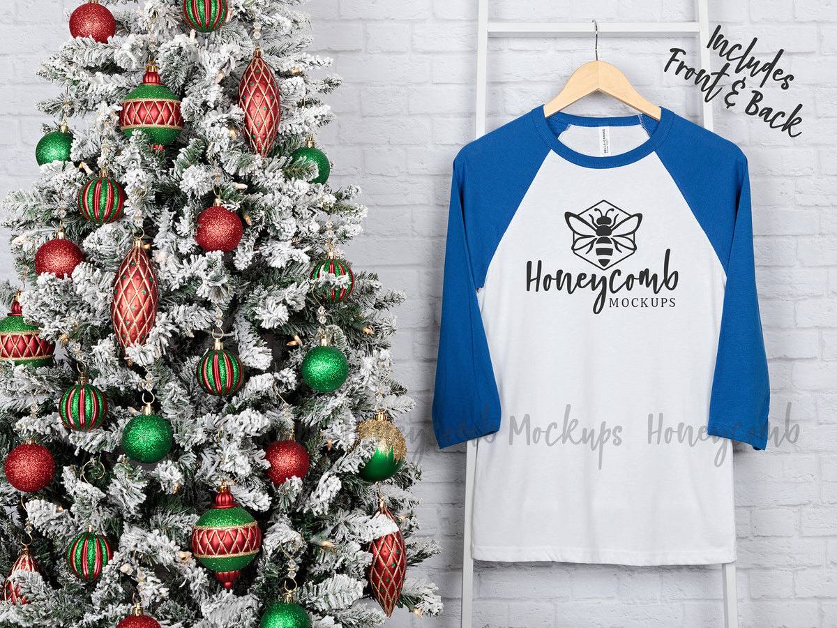 Bella Canvas 3200 Baseball Tee | White/True Royal | Christmas | Front and Back | SKU1913